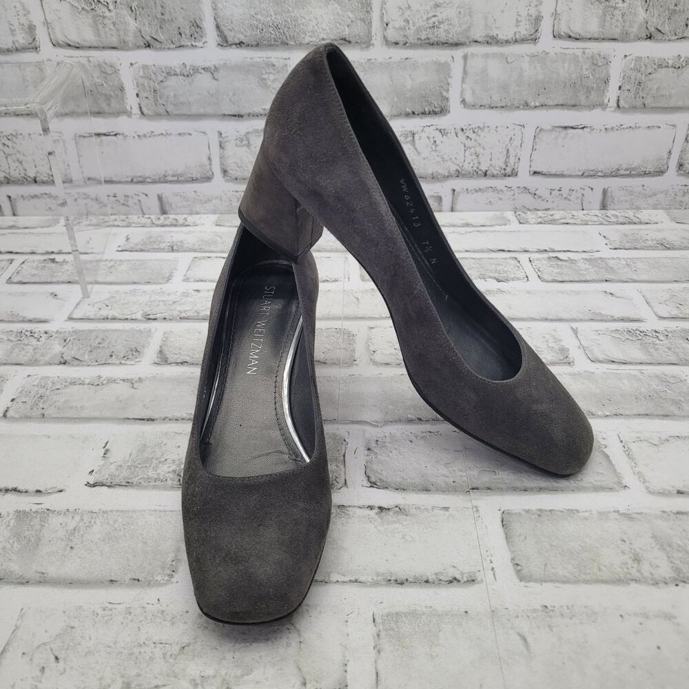 Stuart Weitzman Charcoal Suede Block Heel Pumps